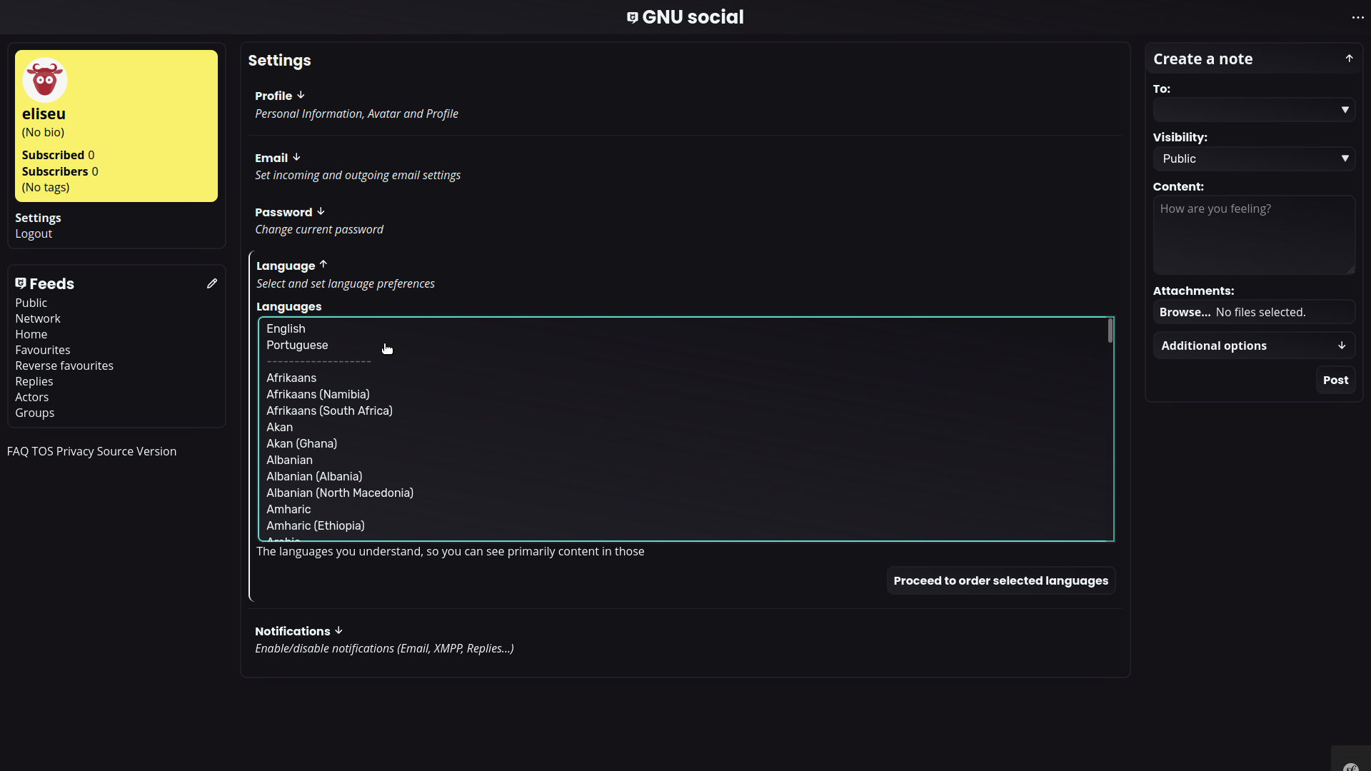 User panel language settings section